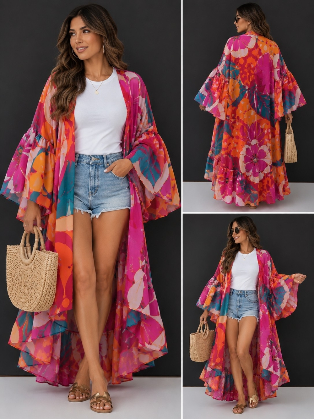 Boho Floral Kimono Cover Up Long Beach Cardigan Bell Sleeve Duster